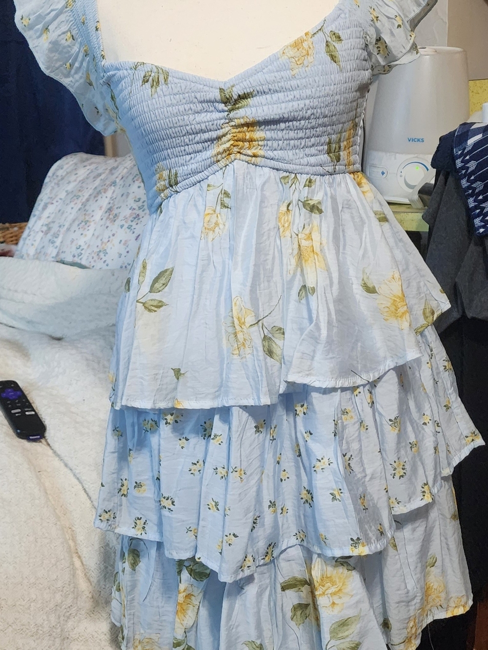 Light Blue Tiered Floral Sundress with Yellow Roses Sz XSM